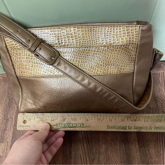 Vintage SAS Metallic Bronze Brown LEATHER CROSSBODY Croc Trim Shoulder Bag Purse - Picture 2 of 10